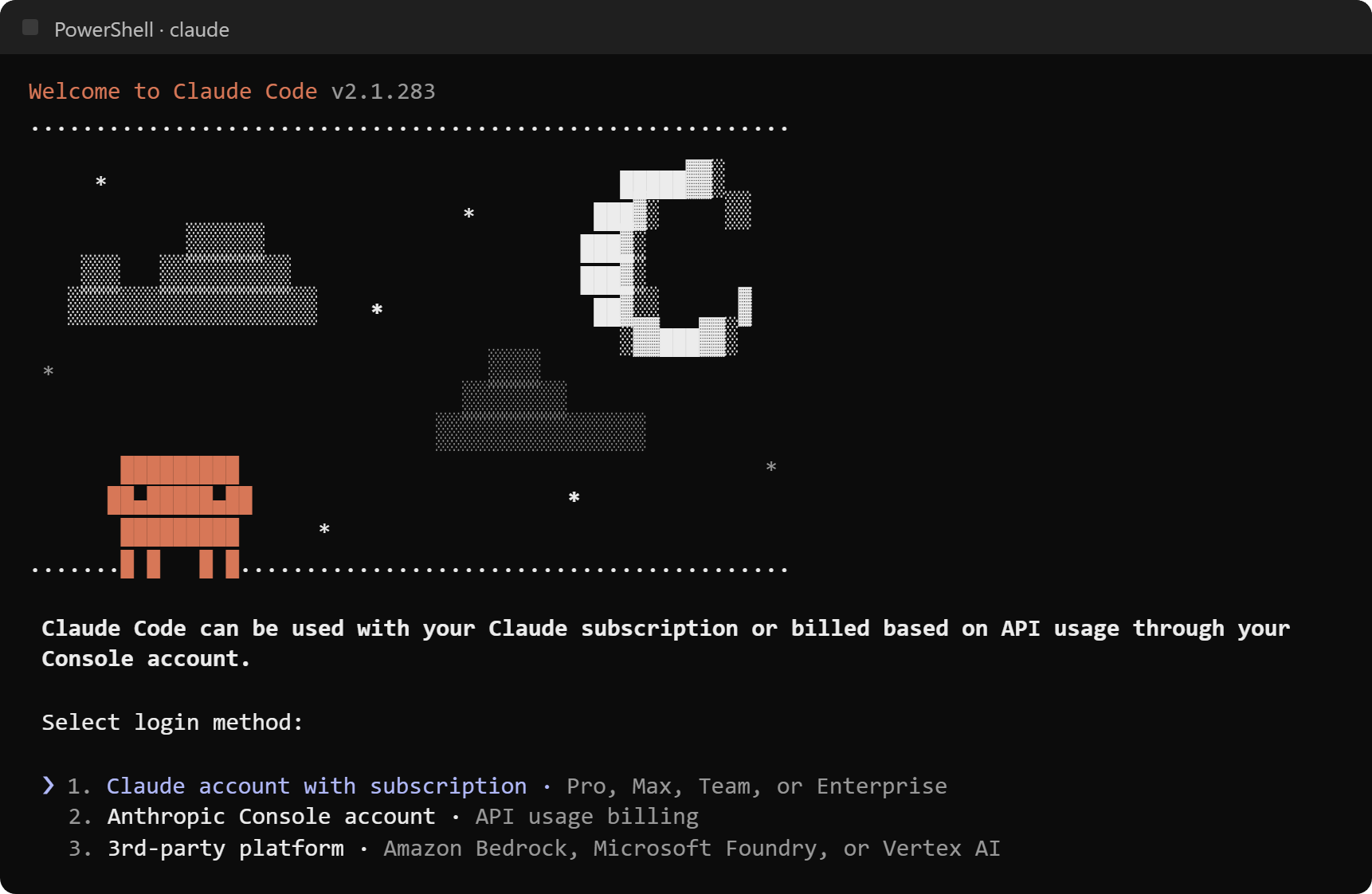 Terminal de PowerShell con la pantalla de bienvenida de Claude Code 2.1.283: el texto Welcome to Claude Code, un dibujo en caracteres y el menú Select login method con tres opciones: cuenta de Claude con suscripción, cuenta de Anthropic Console con pago por uso de la API y plataforma de terceros (Amazon Bedrock, Microsoft Foundry o Vertex AI).